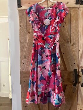 Umgee Pink & Blue Floral Maxi Dress with Ruffle Sleeves